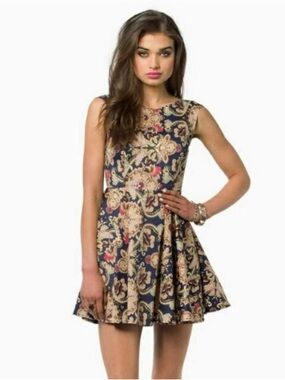Tobi Navy Paisley Mini Dress with Beige and Pink Accents